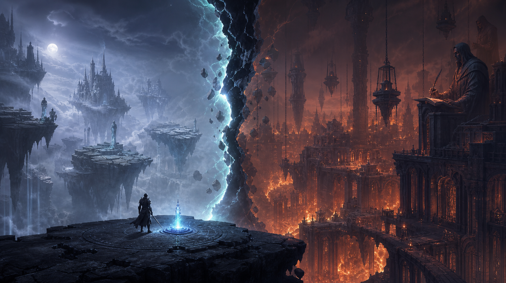 A lone adventurer stands between misty floating islands and a fiery underworld rift.